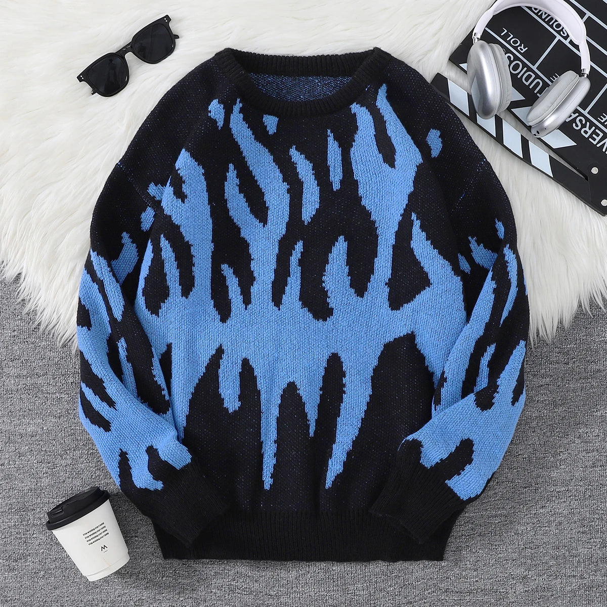 HEARUJOY  -  New Popular Fire Pattern Pullover Ripped Sweater Casual Round Neck Knitted Men's Gift Pullover
