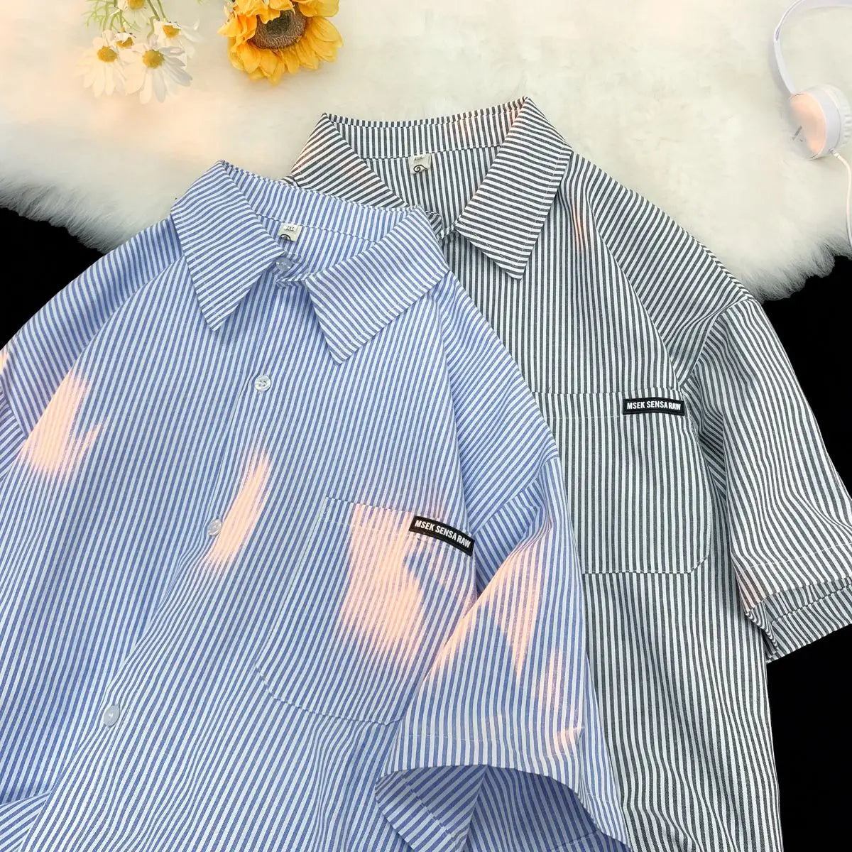 HEARUJOY  -  Japanese Striped Fashionable Short-sleeved Shirt Men Summer Thin Fashion Loose and Versatile Student Casual Shirt Aesthetic