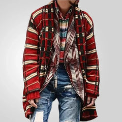 HEARUJOY  -  Men New Mid Length Coat Cardigan Sweaters Turn Down Collar Print Plaid Coats Loose Casual Splice Open Stitch Autumn Winter 2025