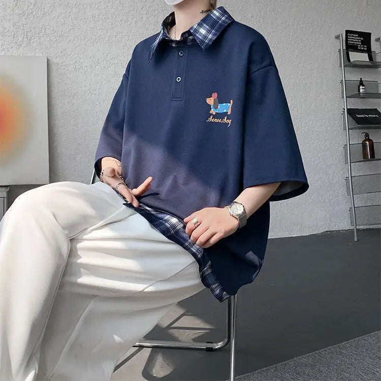 HEARUJOY  -  Dog Embroidery Plaid Polo Short Sleeve T-Shirt 2025 Summer Retro Couple T-shirts Splicing Fake Two Pieces Simple Tops