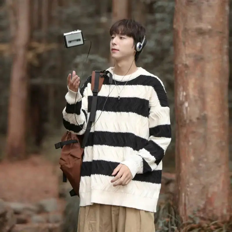 HEARUJOY  -  Men Trendy Striped Simple Casual Streetwear All Match Knitted Sweater Korean Youth Round Neck Long Sleeve Oversize Pullover Tops