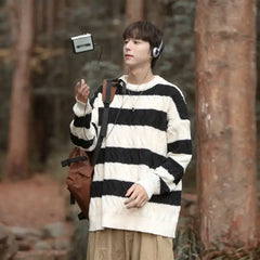 HEARUJOY  -  Men Trendy Striped Simple Casual Streetwear All Match Knitted Sweater Korean Youth Round Neck Long Sleeve Oversize Pullover Tops