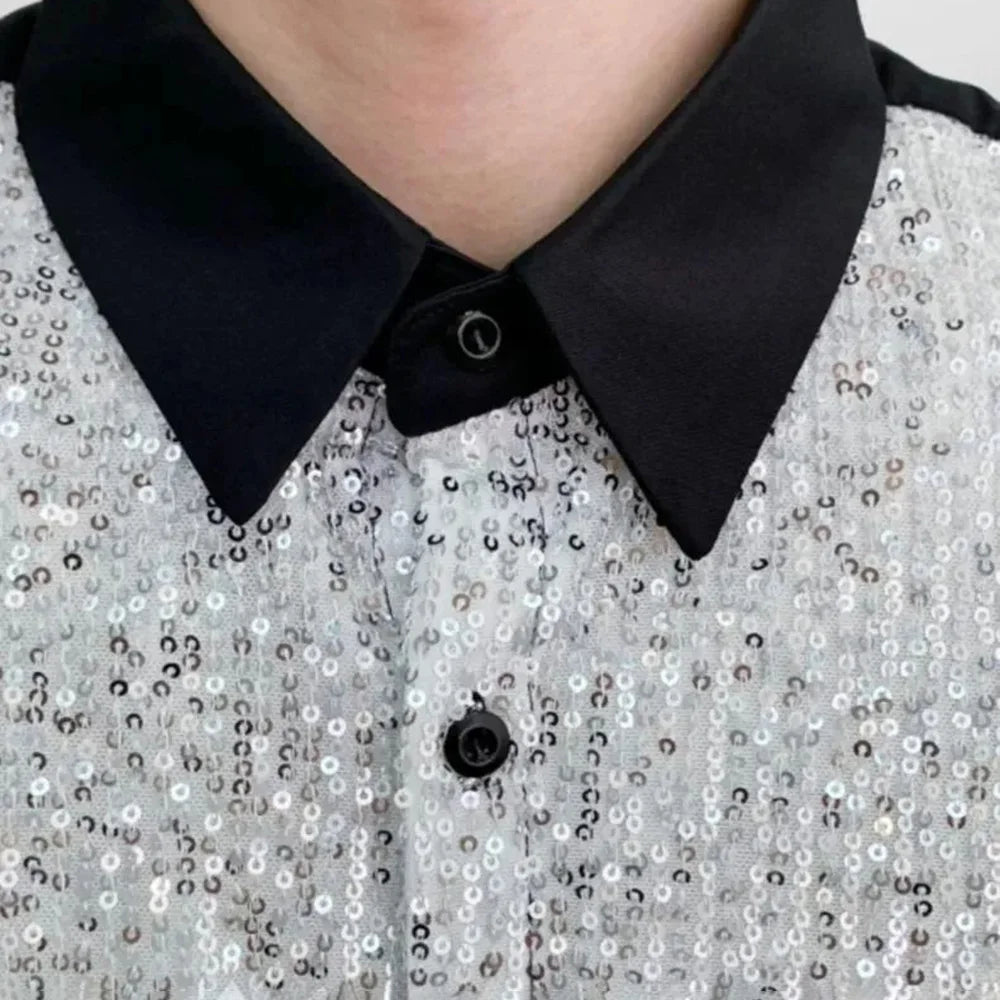 HEARUJOY  -  Mens Shirt Sequins Nightclub Ballroom Shirt Spring Streetwear Y2k Fashion Trend Niche Short-Sleeve Tops Men'S Clothing