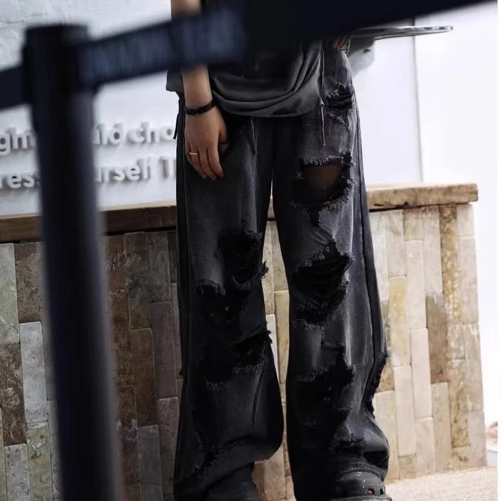 HEARUJOY  -  Men Vintage High Waist Baggy Hole Pants Fashion Hip Hop Gothic Wide Leg Jeans Casual Loose Trouser 2025