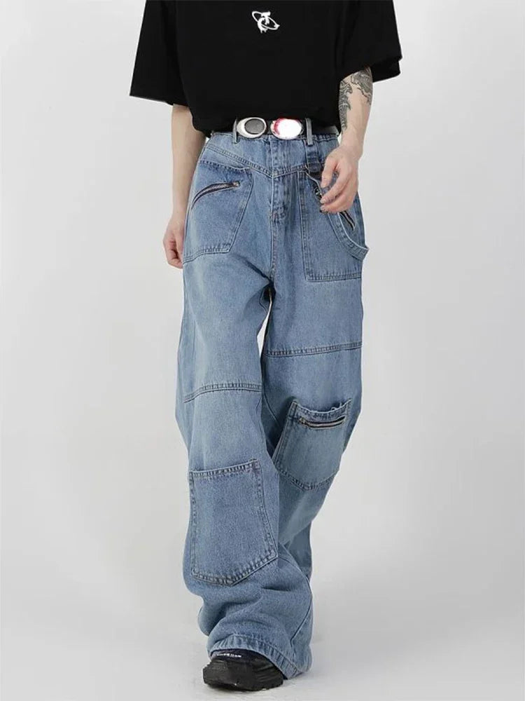 Hearujoy Baggy Cargo Jeans Men Denim Wide Leg Trousers Male Oversize Casual Streetwear Hip Hop Pocket Zipper Safari Style