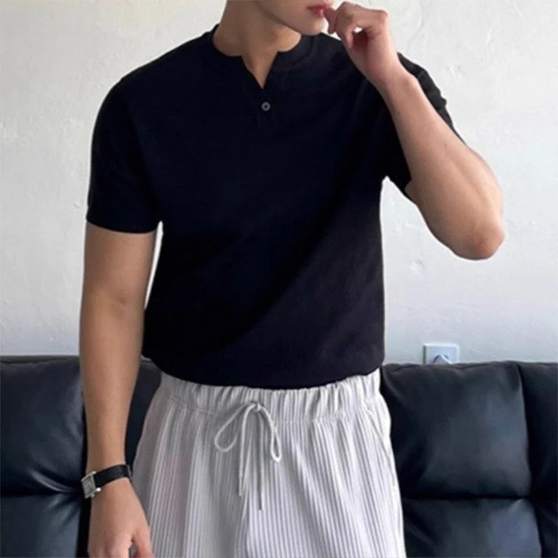 HEARUJOY  -  New Men Luxury Henry Collar T-Shirt Leisure Slim Button-down Solid Color Short Sleeve Tops Korean Style Summer Breathable Tees