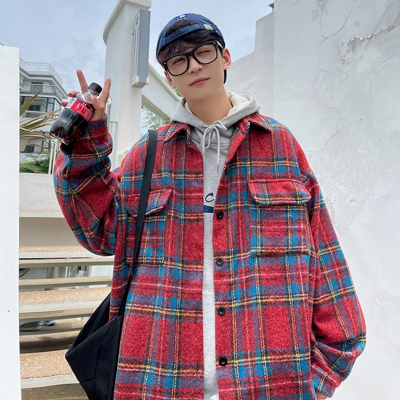 Hearujoy Thick Plaid Woolen Coat Men Warm Oversized Retro Thickened Woolen Jacket Mens Streetwear Korean Loose Short Woolen Coat Men