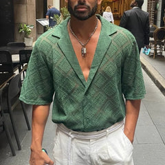 HEARUJOY  -  Summer Cool Shirt Men's Knitted Hollow Out Breathable Tops Fashion Short Sleeve Lapel Jacquard Shirts Casual Cardigan Streetwear