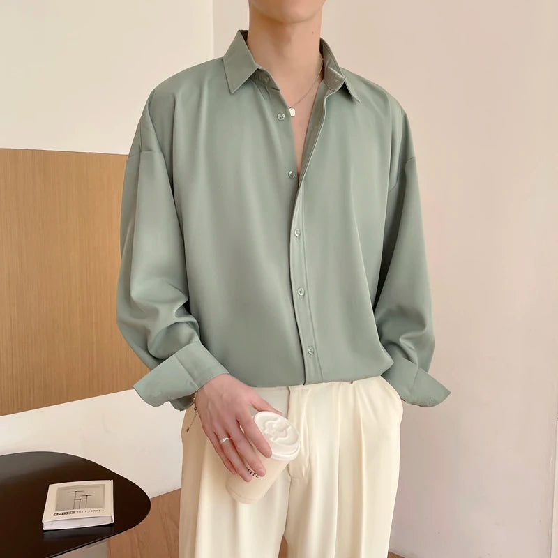 HEARUJOY  -  Long Sleeved Shirt Men Oversized Fashion Social Mens Dress Shirt Korean Loose Ice Silk White Shirt Mens Office Formal Shirts