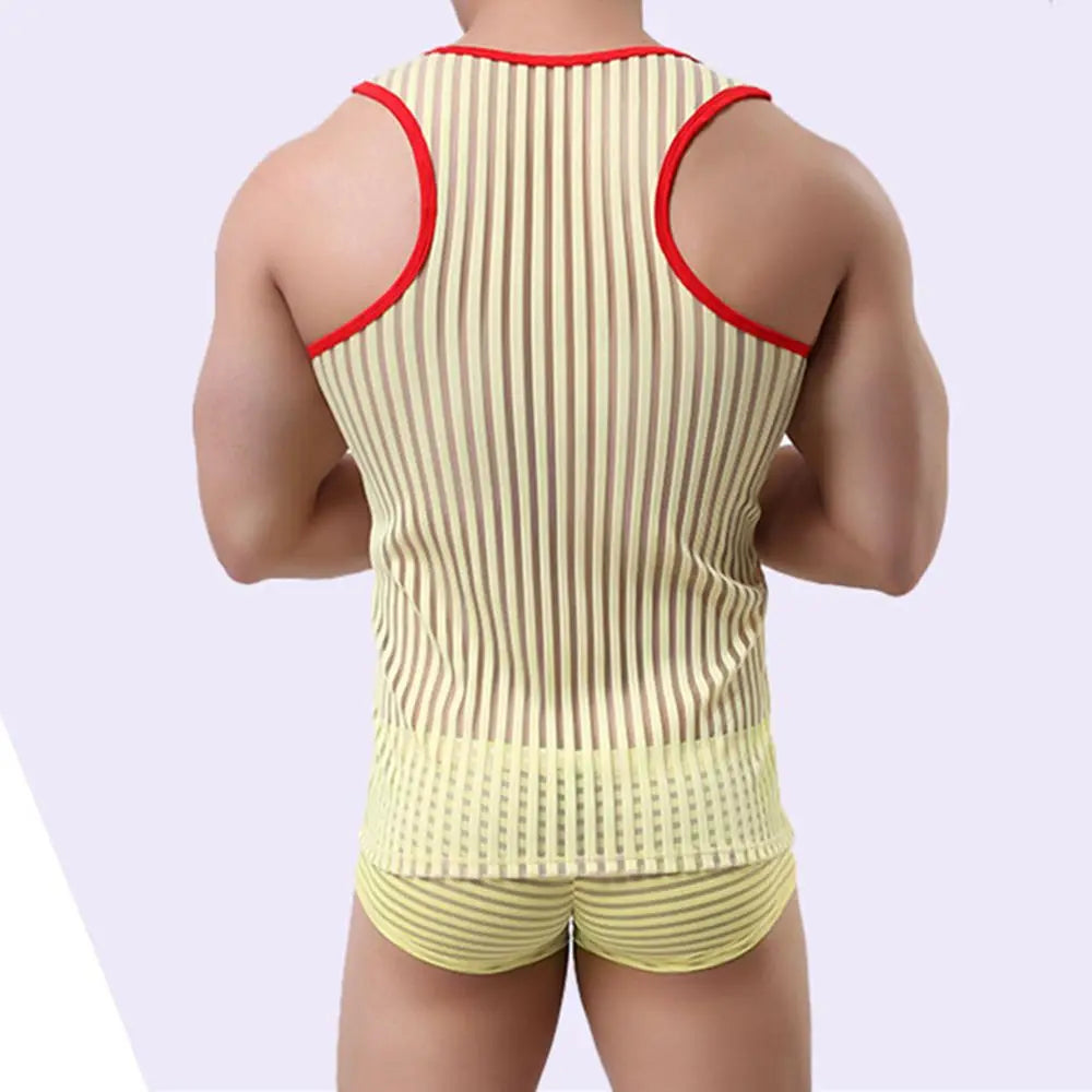 Hearujoy Summer Mens Undershirts Sleeveless Striped Shirts Solid Color Vest Male Mesh Sexy Transparent Tees Bottoming Shirt Men Sexy Wear