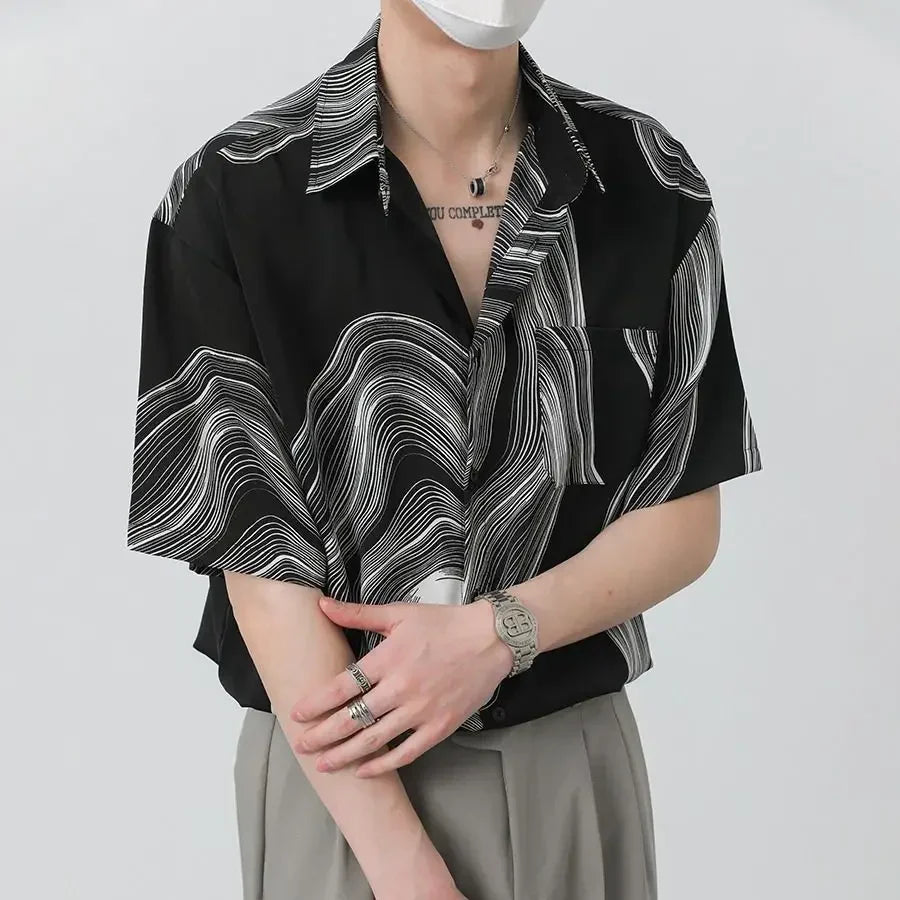 Hearujoy 2024 New Summer Design Irregular Silky Drape No-iron Lapel Shirt for Men Korean Fashion Texture Pattern Short Sleeve Men Shirts