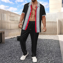 HEARUJOY  -  Summer Men Waffle Outfits Color Blocked Lapel Short Sleeve Shirts And drawstring Pants Two Piece Set Fashion Casual Suits