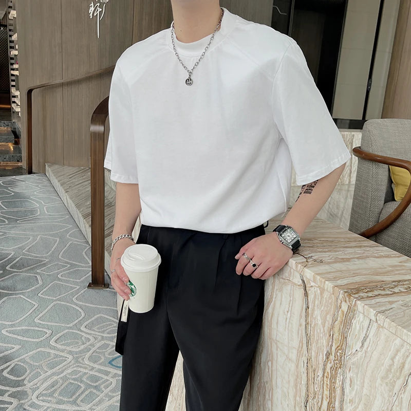 HEARUJOY  -  Summer Short Sleeved T-shirt Men Fashion Round Neck Black White T Shirt Men Korean Loose Shoulder Pad Tshirt Mens Top M-2XL