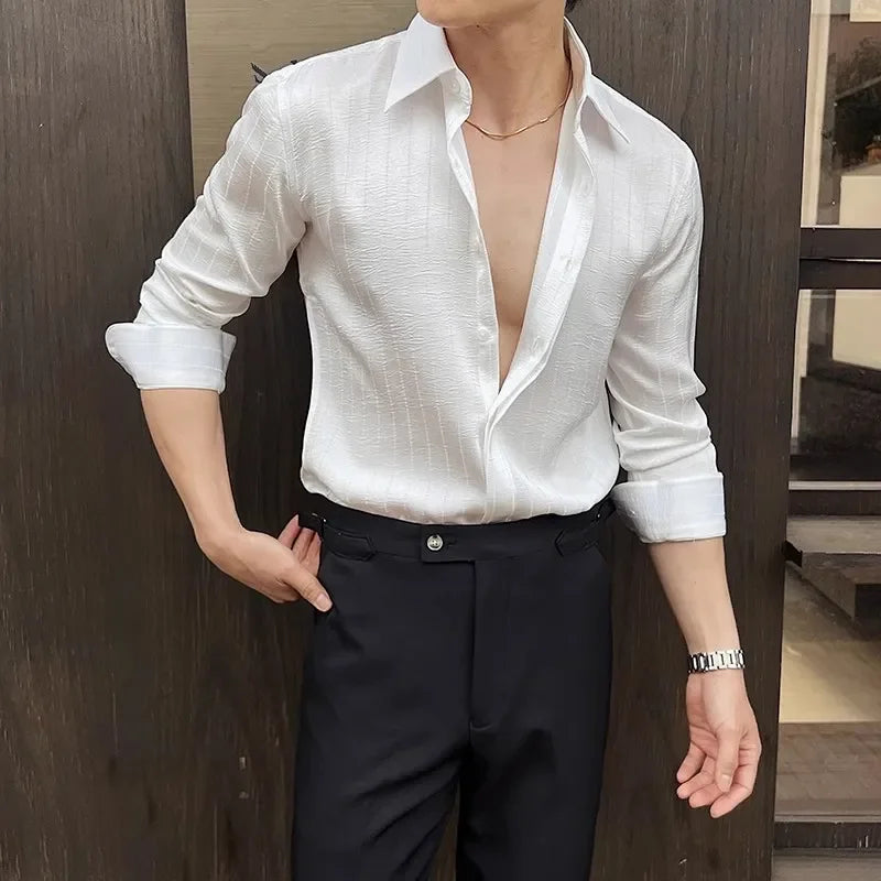 HEARUJOY  -  Spring Summer Men Smart Casual Black Shirts Fashion Men High Quality Striped Shirts Male Formal Party Wedding Blouse