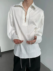 HEARUJOY  -  Vintage Drawstring Lace-up Lapel Shirt Mens Spring Autumn Fashion Long Sleeve Ribbed Polo Shirts Casual Textured Pullover Tops
