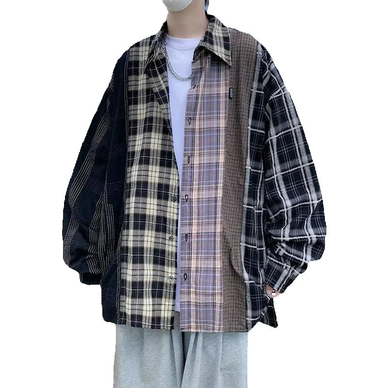 Hearujoy Autumn Long Sleeve Shirts Men's Fashion Retro Plaid Shirts Mens Japanese Streetwear Contrast Color Loose Casual Shirts Men M-2XL