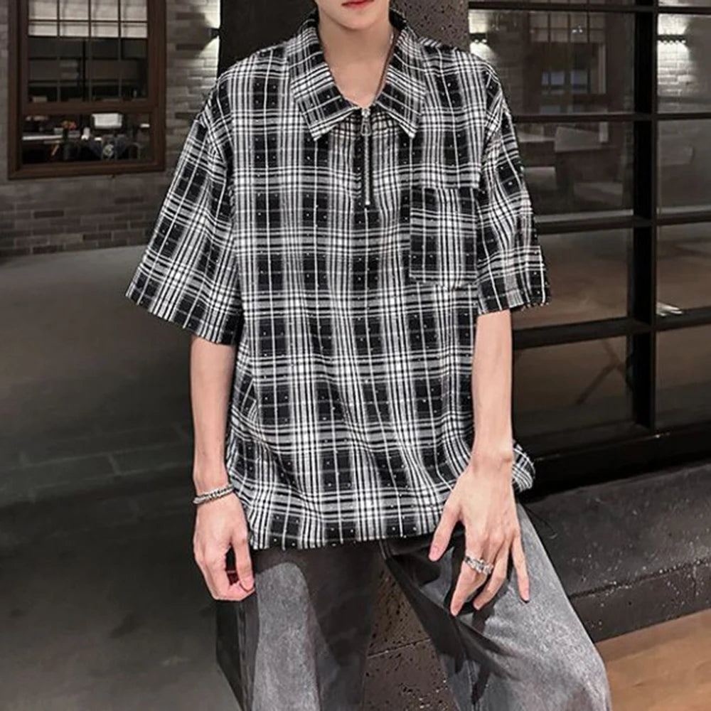 HEARUJOY  -  Mens Hot Diamond Plaid Half-Zip Casual Shirt Streetwear Fashion Youth Campus Versatile Short-Sleeve Tops Men'S Clothing 2025 New