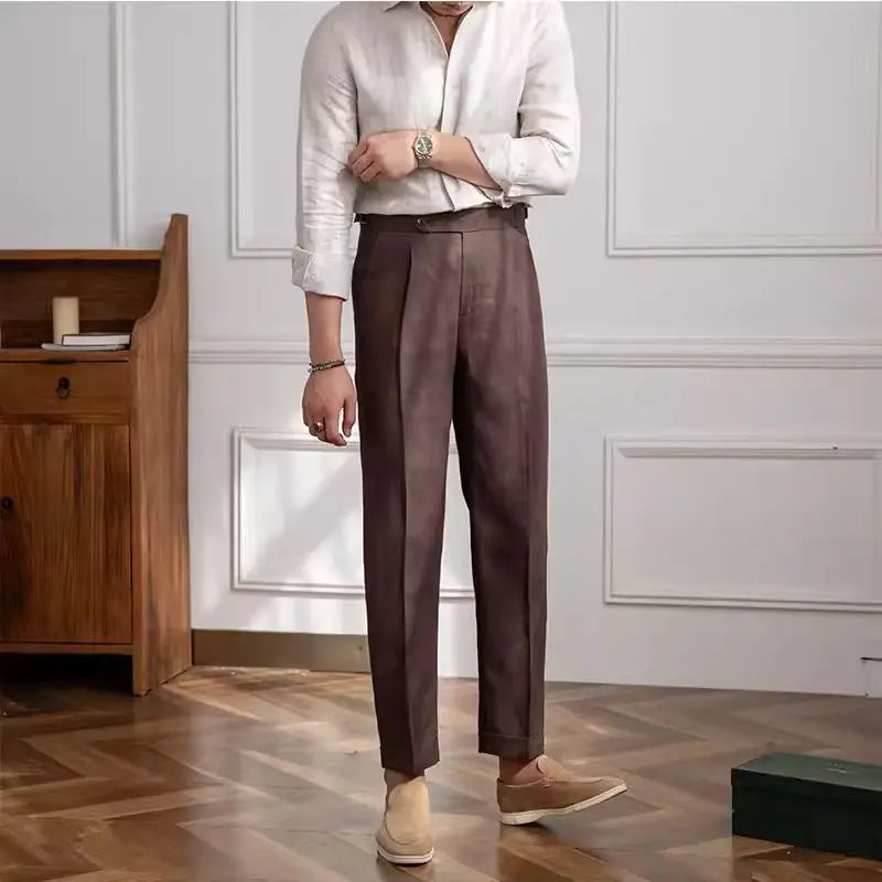 HEARUJOY  -  100% Linen Italian Naples Pants Men High Waist Straight  Suit Trousers Spring Summer Fashion Lightweight Breathable Casual Pants