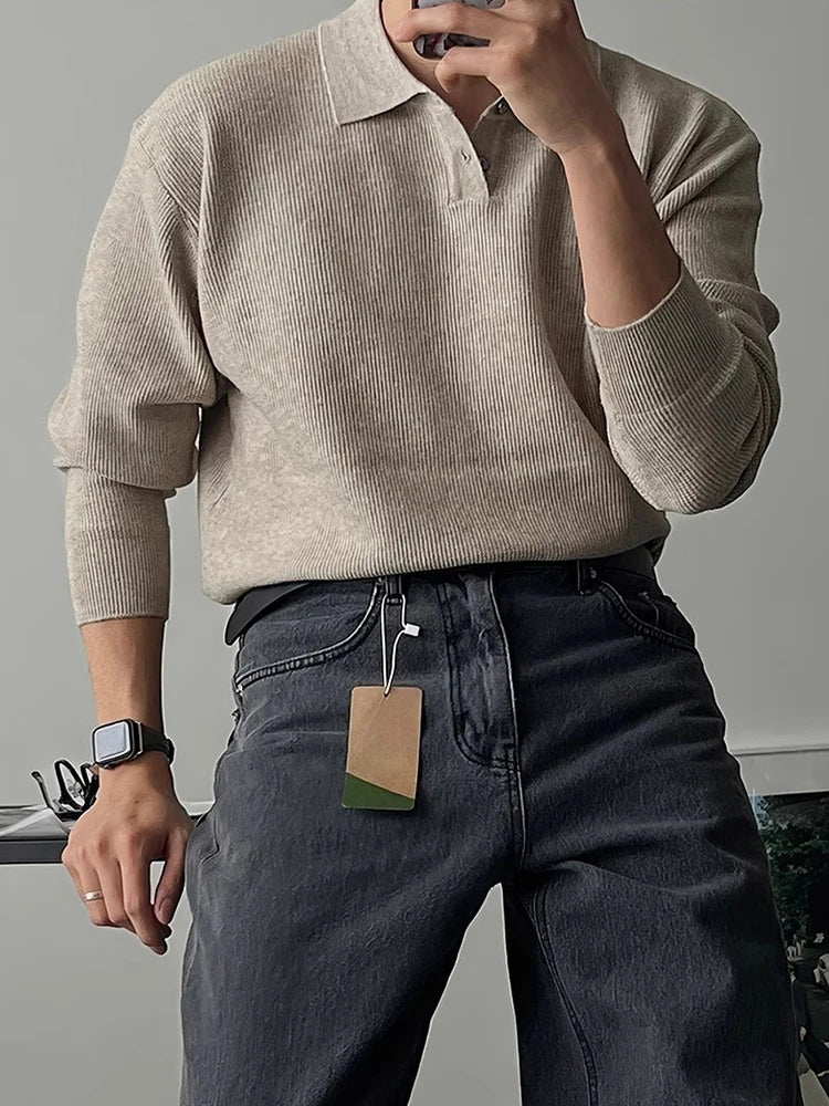 HEARUJOY  -  Spring Autumn Casual Knitting Men Polo Shirts Long Sleeve Slim Fit Elastic Knit Jumper Tops Men's Stylish Solid Color Polo Shirt