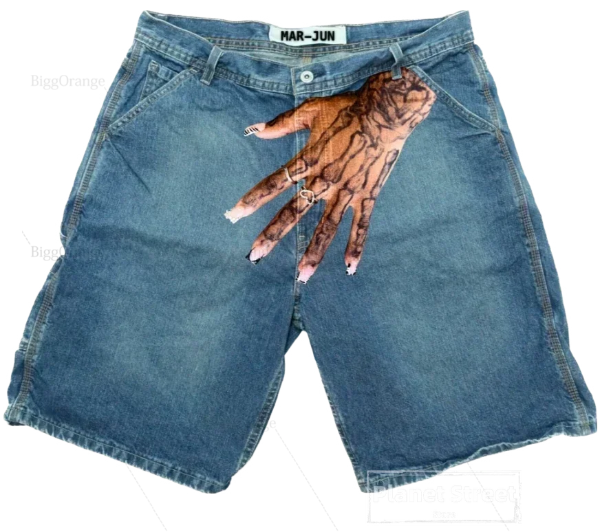 Hearujoy Harajuku Y2K Short Baggy Jeans Palm Print Graphic Pants Men Fashionstyle Denim Streetwear Gothic Sweatpants Shorts Men Clothing