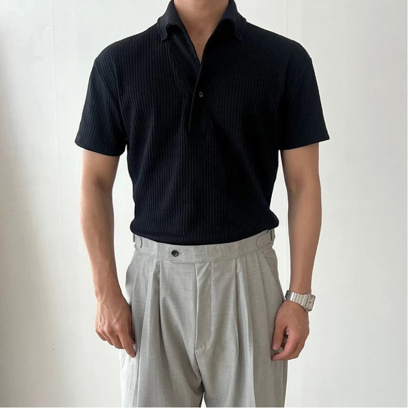 HEARUJOY  -  American Muscle Summer Fitness Suit Men's Elastic Breathable Sports Men's T-shirt Vertical Thread Slim Lapel Short Sleeves