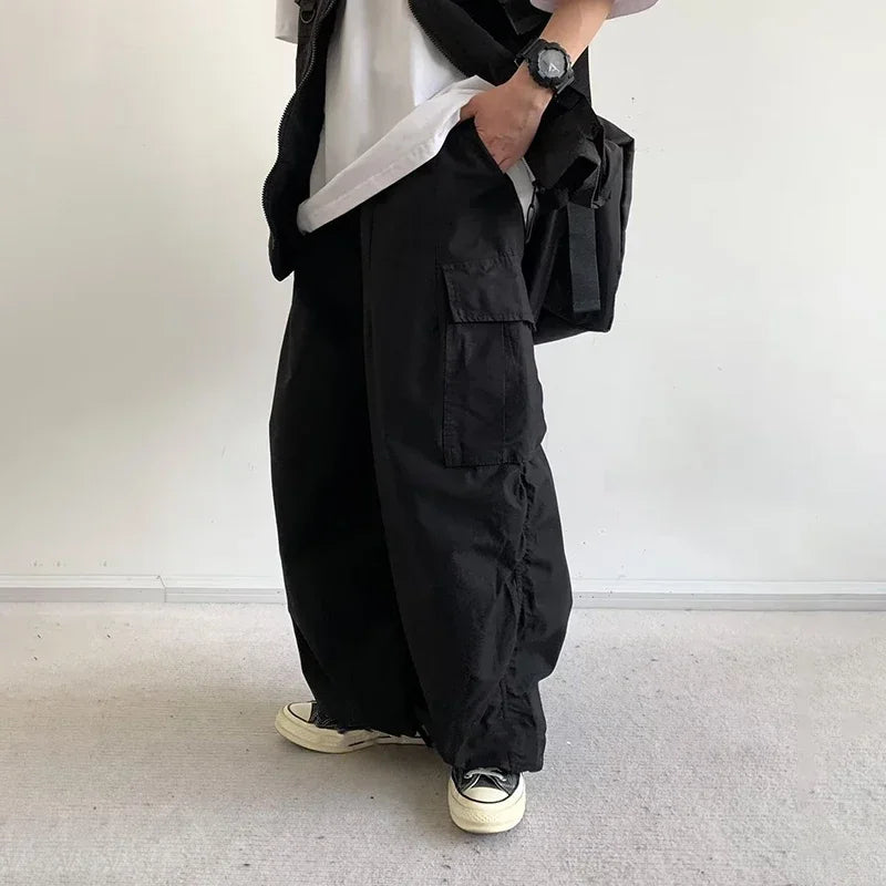 Hearujoy Japanese Wide Leg Cargo Pants Men Vintage Oversize Cargo Trousers Male Loose Casual Streetwear Hip Hop Pocket Autumn