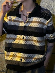 HEARUJOY  -  Ice Silk Knitting Shirts Mens 2025 Summer New Casual Striped Knit Cardigan Tops Men Clothing Vintage Buttoned Short Sleeve Shirt