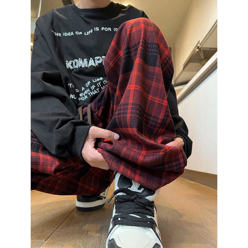 Hearujoy Autumn Plaid Pants Men Oversized Fashion Retro Casual Pants Men Streetwear Hip-hop Loose Wide Leg Pants Mens Vintage Trousers