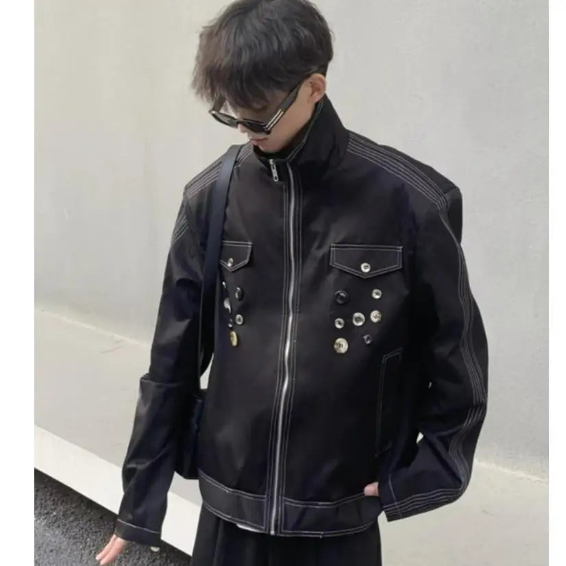 HEARUJOY  -  Spring Retro Irregular Button Mens Jacket Shoulder Pad Design Trend High Street Coats Motorcycle Fashion Stand Collar Outwear