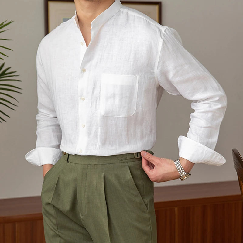 HEARUJOY  -  New Fashion Men Clothing Light Luxury Casual Textured Shirts Business Leisure Stand Collar Solid Color Long Sleeve Cardigan Tops