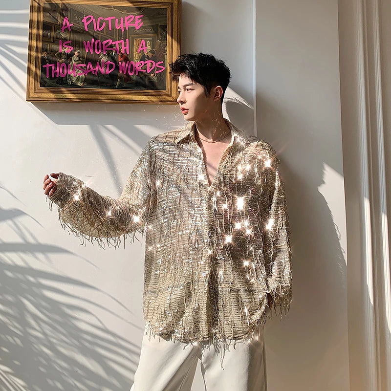 Hearujoy Men shirts Long sleeve Streetwear Men Shirt Cargo Vintage Fashion Sequins tassel Stage Show Dress Shirt Oversized Blouse