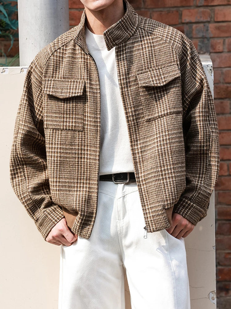 HEARUJOY  -  New Casual Zip-up Stand Collar Men's Jackets 2025 Autumn Winter Outdoor Fashion Houndstooth Jacket Coats men Stylish Outerwear