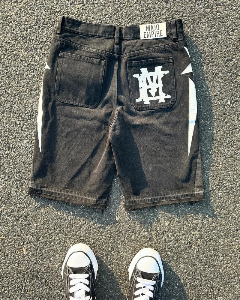 Hearujoy American fashion trend Street style wide-leg Jeans for men Y2k embroidered baggy jeans Goth punk High street casual shorts
