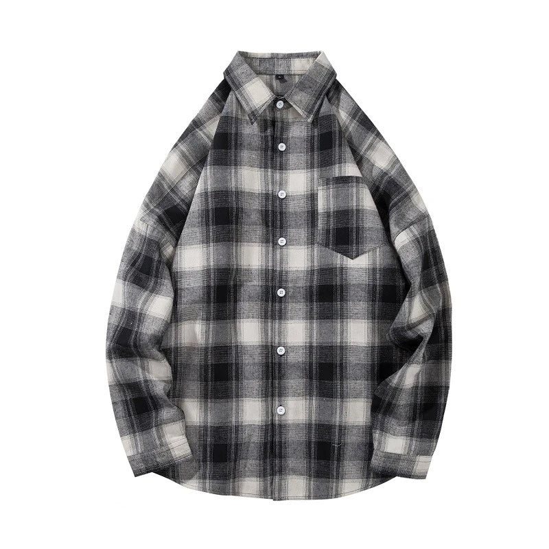 HEARUJOY  -  Black White Classic Plaid Long Sleeve Loose Men's Shirt American Style Retro Versatile Spring Autumn Outerwear Coat for Men Tops