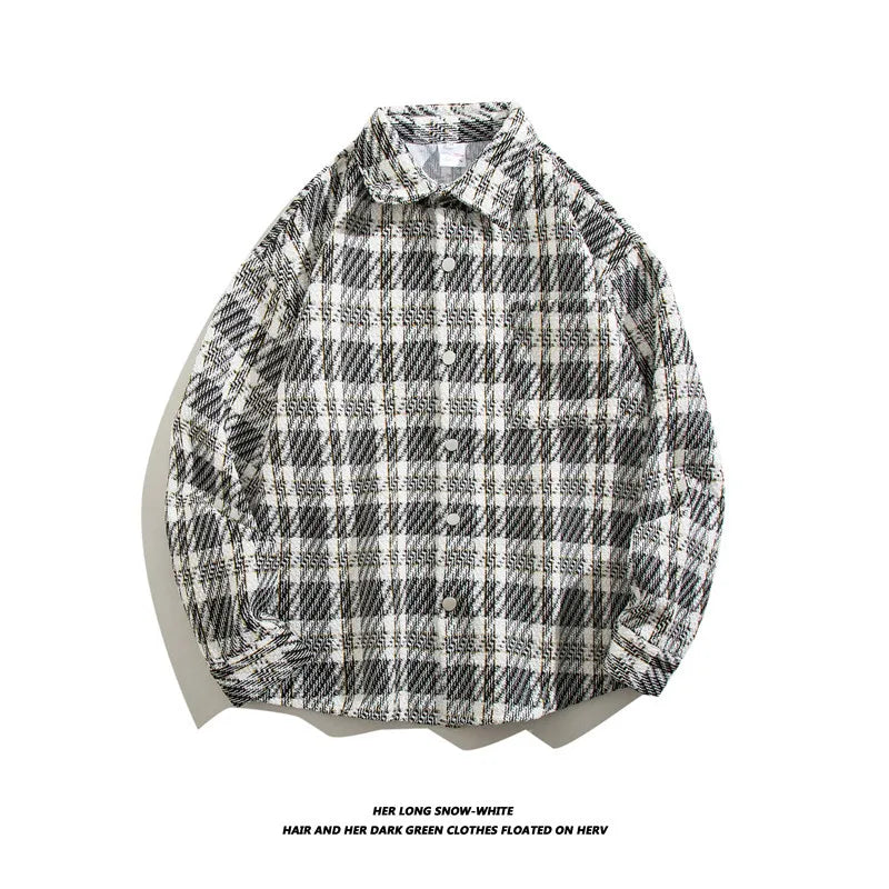 HEARUJOY  -  Japanese Retro Woolen Plaid Shirt For Men Autumn Winter Long Sleeved Top Fashion Vintage Shirts Coat Trendy Clothing Streetwear