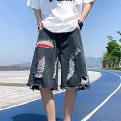 HEARUJOY  -  Baggy Man Denim Shorts Short Jeans Pants for Men Ripped Half Wide Bermuda with Pockets Long Loose Cowboy New in Rude Emo Cut Xl