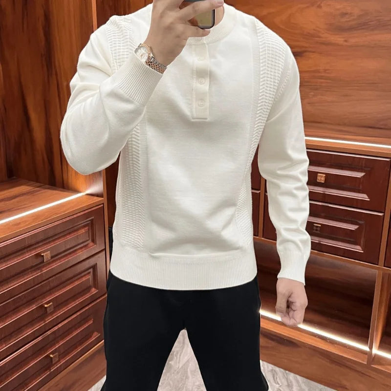 Hearujoy Men's Clothing Vintage Fashion Henry Collar Business Casual Knitted Sweater Autumn Winter Solid Long Sleeve Loose Pullover Tops