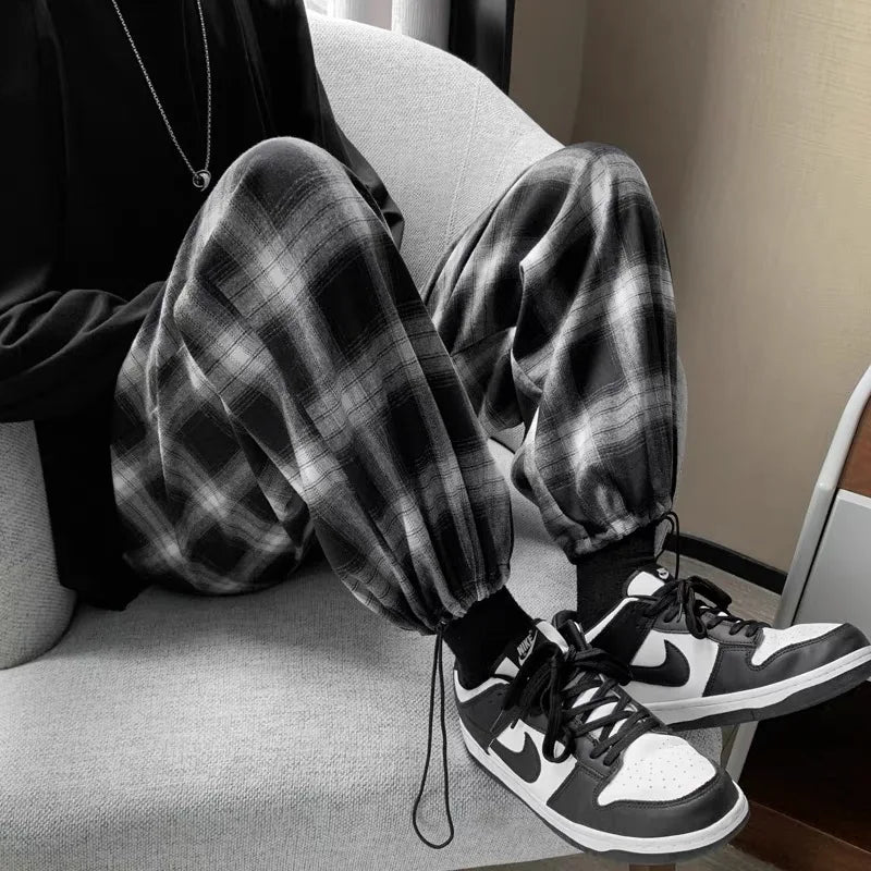 Hearujoy Plaid Pants Men Fashion Retro Color Contrast Casual Pants Men Streetwear Loose Hip-hop Straight Pants Mens Trousers M-3XL