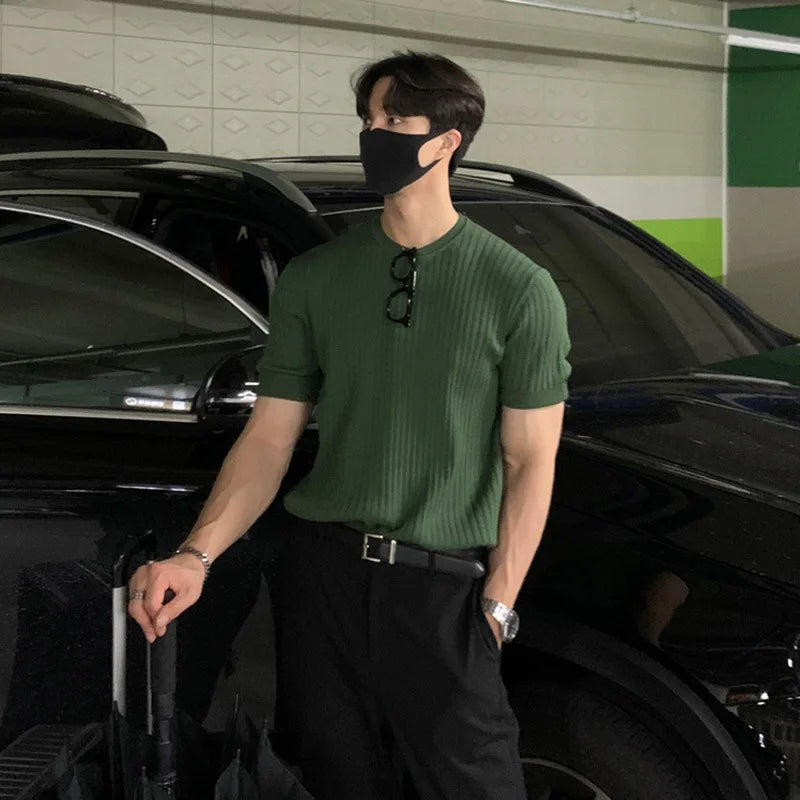HEARUJOY  -  Men's Clothing Luxury Knitted T Shirt Casual Korean O Neck Solid Color Short Sleeve Tees for Men Breathable Summer Knitwear