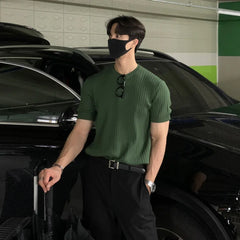HEARUJOY  -  Men's Clothing Luxury Knitted T Shirt Casual Korean O Neck Solid Color Short Sleeve Tees for Men Breathable Summer Knitwear