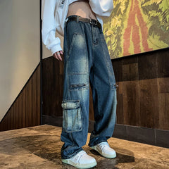 Hearujoy New Streetwear Patchwork  Jeans Cargo Pants Loose Plus Size Wide Leg Pants Harajuku Casual Denim Pants Men Clothing Y2K