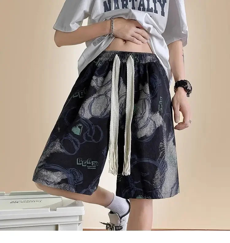 HEARUJOY  -  Men's New Spliced print Five-point Loose Drawstring Design Bear Print Shorts