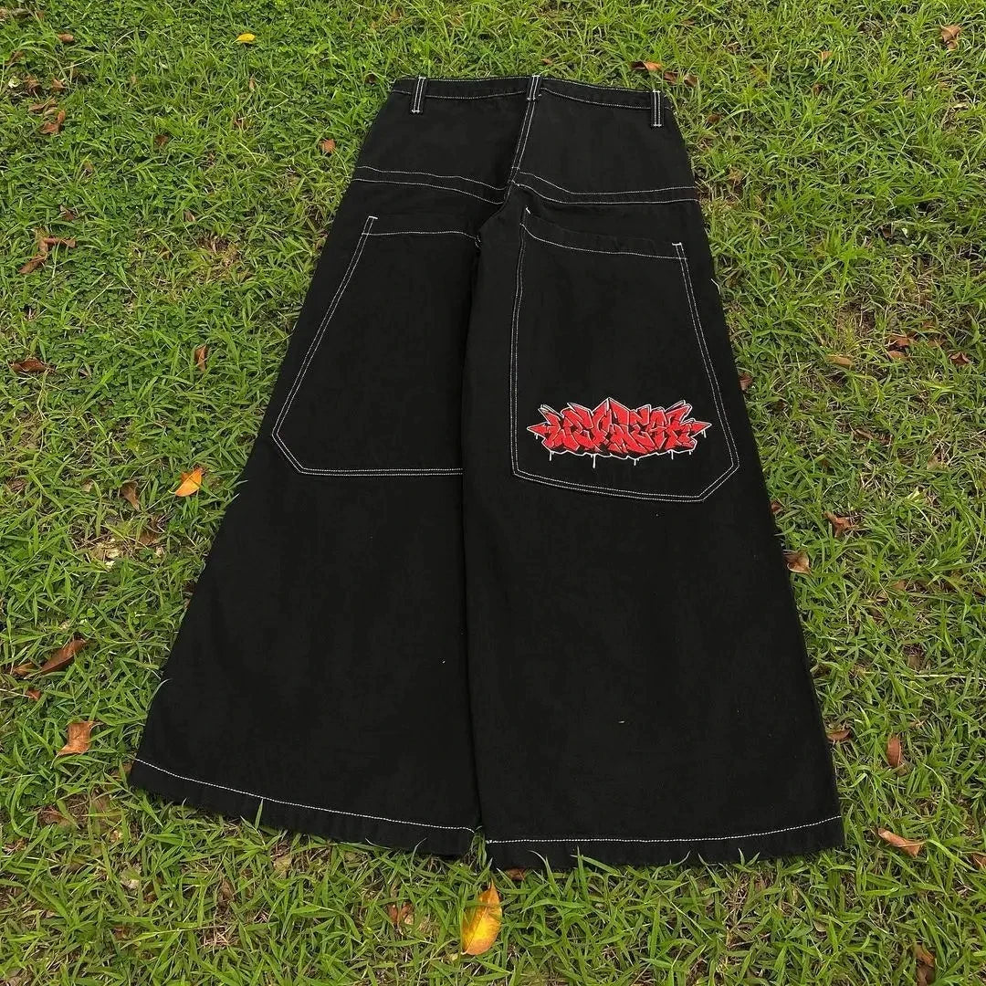 Hearujoy Y2K Gothic Skull Embroidered Baggy Jeans for Men Harajuku Women High Waist Wide Leg Straight Pants Punk Grunge Trendy Streetwear