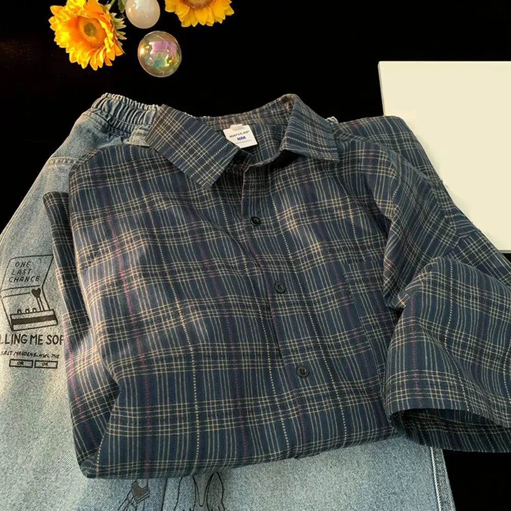 HEARUJOY  -  Couple Summer Tops Loose Short Sleeve Shirt Daily Casual Wear Plaid Pattern Shirt Vacation Outfits For Daily Wear