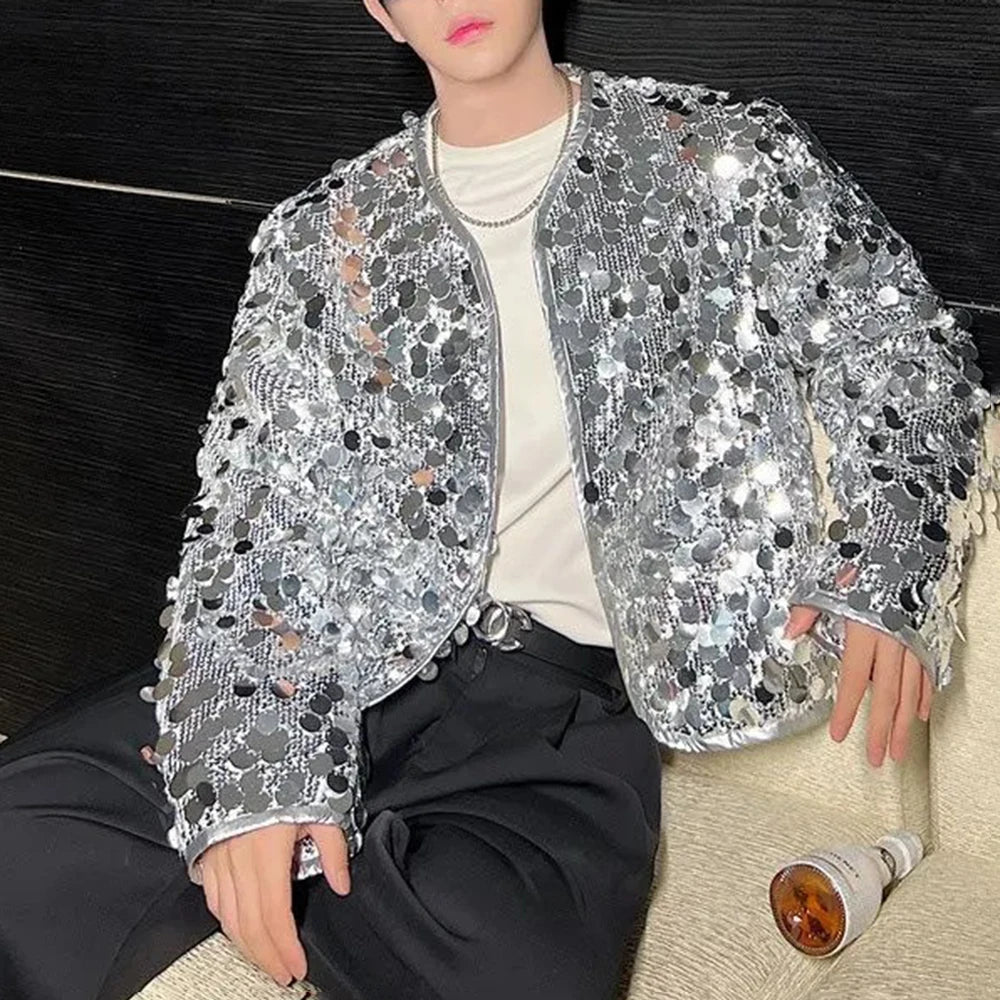 HEARUJOY  -  Mens Jacket Sequin Ballroom Shiny Jacket Streetwear Fashion Nightclub Stage Performance Long Sleeve Top Men'S Clothing 2025 New