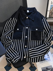 Hearujoy Premium Splicing Black White Striped Denim Jacket for Men's Wear Spring Autumn 2024 Niche Street Bombing Washed Jacket Workwear