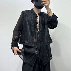 Hearujoy Mens Autumn Winter Dark Sexy See-Through Fake Two-Piece Vest New Fashion Printed Stitching Hollow Stand-Up Collar Shirt Unisex