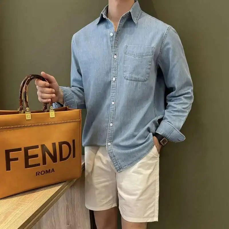 HEARUJOY  -  Lapel Collar Cotton Blend Denim Shirt Long Sleeve Shirt Retro Shirt British Versatile Casual Shirt Man Camisa Social Masculina