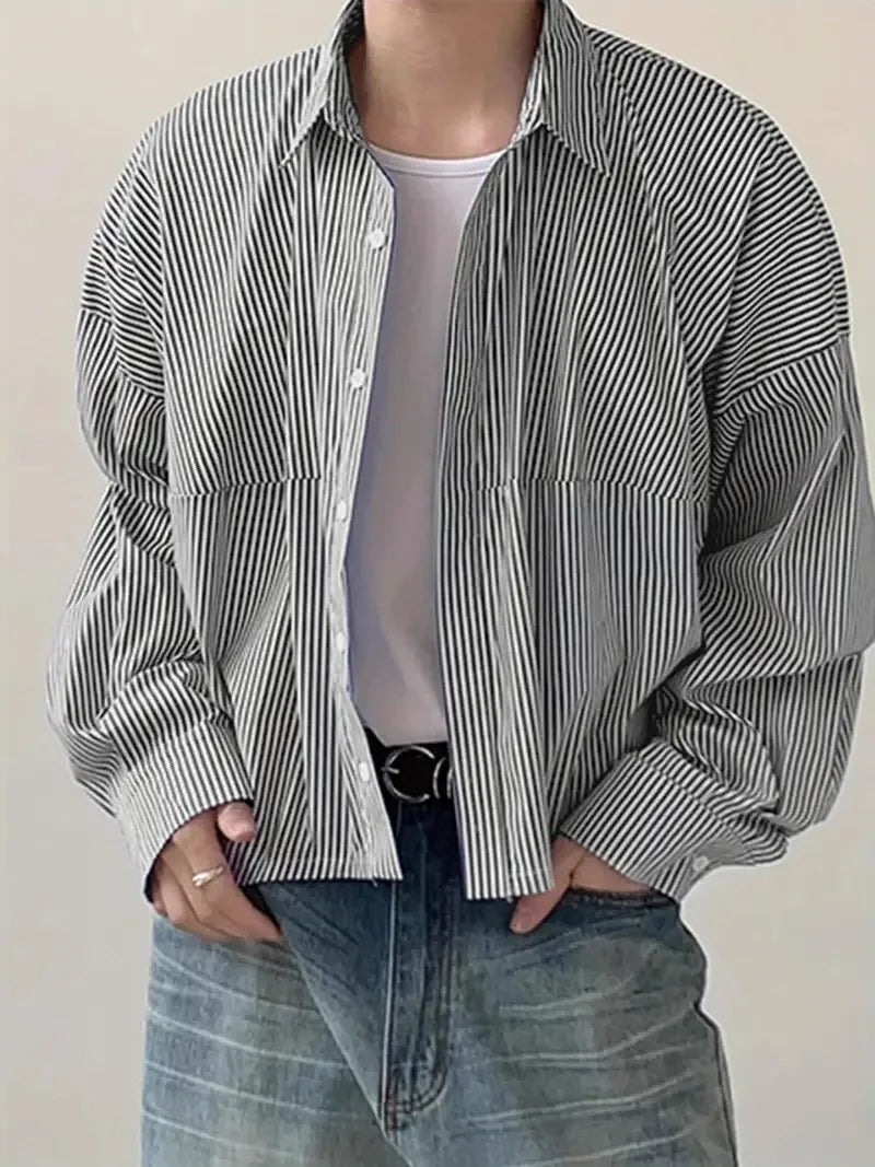 HEARUJOY  -  New Japanese Trendy Men Shirts Light Luxury Textured Lapel Striped Long Sleeve Cardigan Tops Leisure Premium Loose Blouse M-2XL