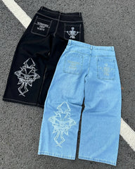 Hearujoy Y2K Retro Cross Skull Embroidery Baggy Jeans America Gothic Straight Wide Leg Denim Pants Men Women Fashion Streetwear Jogger